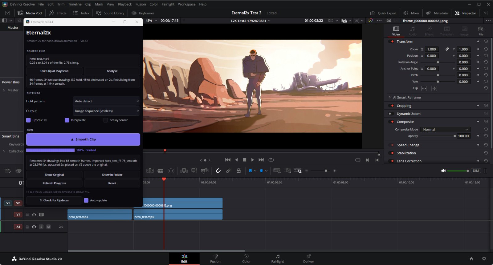 The Upflow2x panel in DaVinci Resolve Studio after a render. The rebuilt clip sits on V2, lined up above the original on V1.